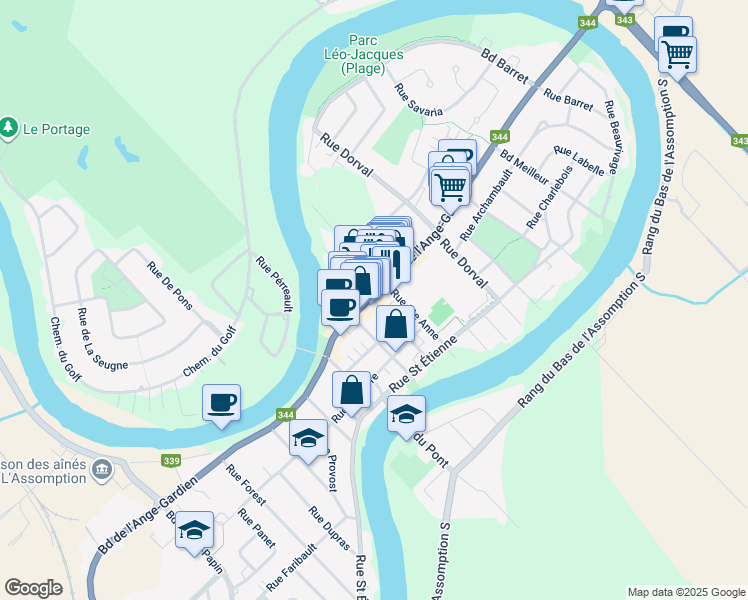 map of restaurants, bars, coffee shops, grocery stores, and more near 299 Boulevard de l'Ange-Gardien in L'Assomption