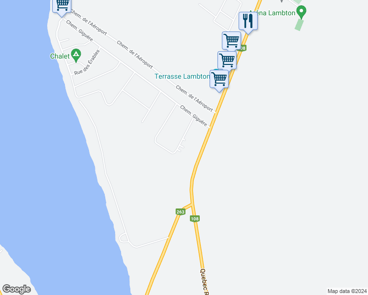 map of restaurants, bars, coffee shops, grocery stores, and more near 309 Rue des Lilas in Lambton