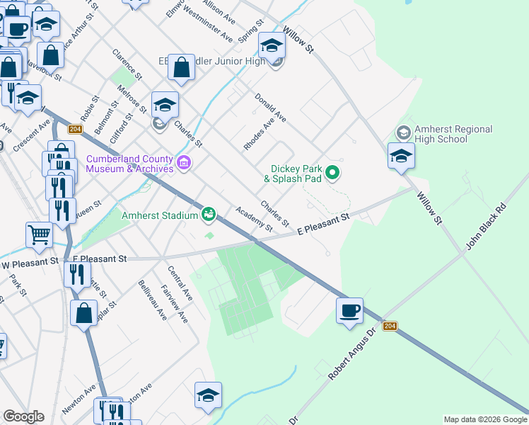 map of restaurants, bars, coffee shops, grocery stores, and more near 67 Charles Street in Amherst
