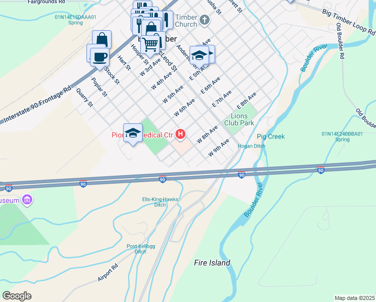 map of restaurants, bars, coffee shops, grocery stores, and more near 317 West 8th Avenue in Big Timber