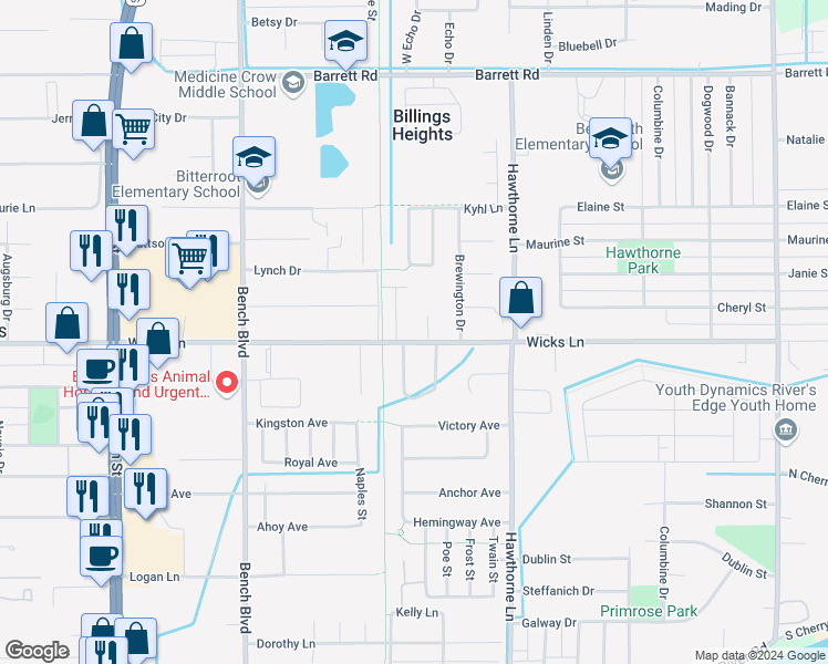 map of restaurants, bars, coffee shops, grocery stores, and more near 1023 Wicks Lane in Billings