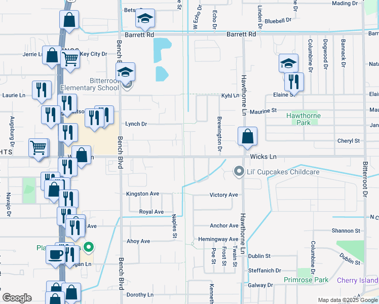 map of restaurants, bars, coffee shops, grocery stores, and more near Kiwanis Trail in Billings