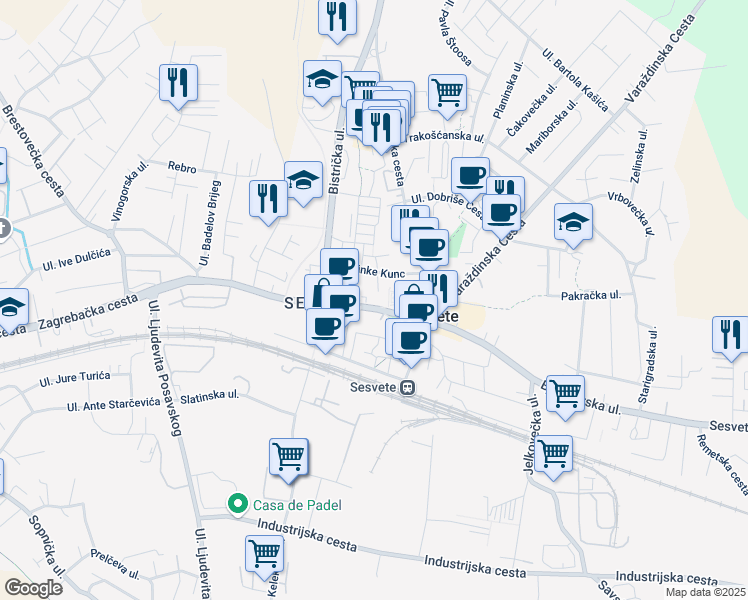map of restaurants, bars, coffee shops, grocery stores, and more near 2 Ulica Vladimira Ruždjaka in Sesvete
