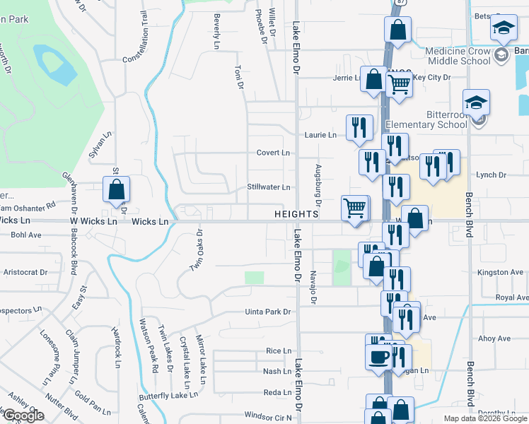 map of restaurants, bars, coffee shops, grocery stores, and more near 317 Wicks Ln in Billings