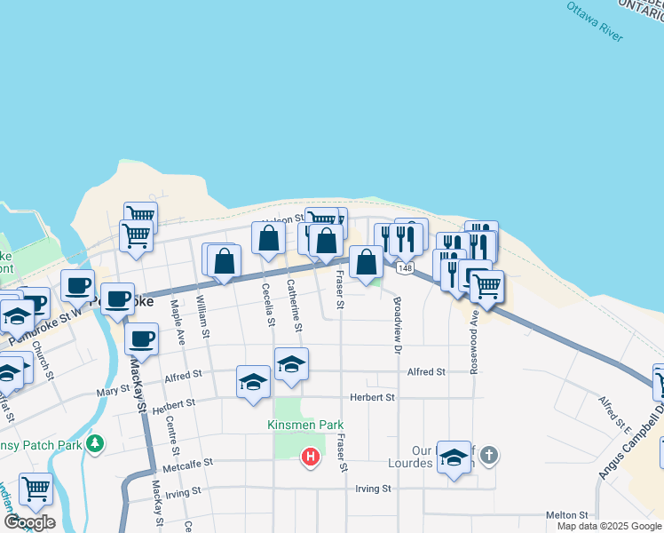 map of restaurants, bars, coffee shops, grocery stores, and more near in Pembroke