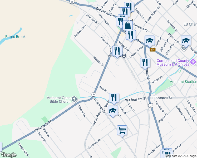map of restaurants, bars, coffee shops, grocery stores, and more near 49 Victoria Street East in Amherst