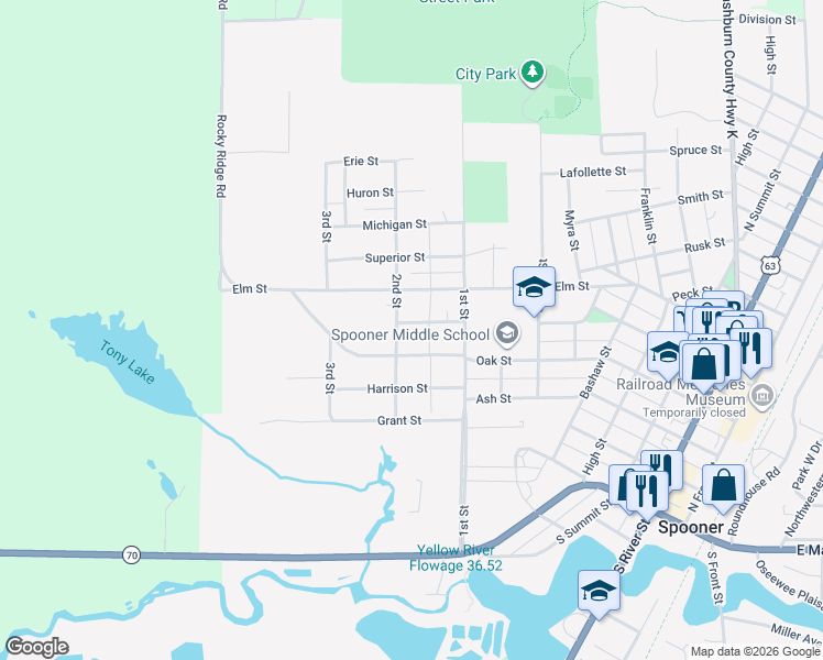 map of restaurants, bars, coffee shops, grocery stores, and more near 1021 Lincoln Street in Spooner