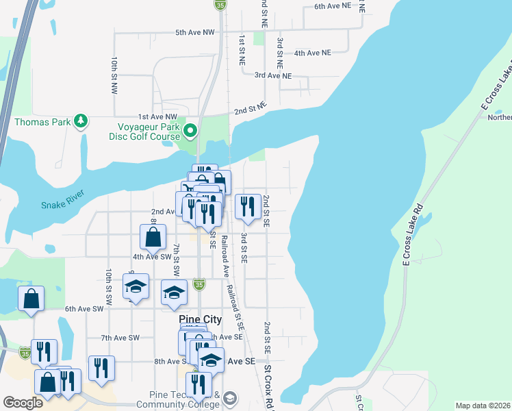 map of restaurants, bars, coffee shops, grocery stores, and more near 215 2nd Avenue Southeast in Pine City