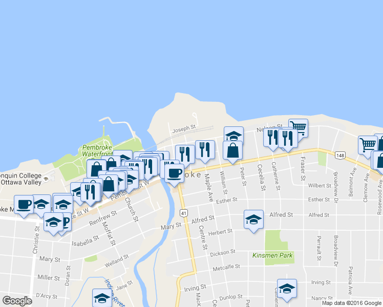 map of restaurants, bars, coffee shops, grocery stores, and more near 159 John Street in Pembroke