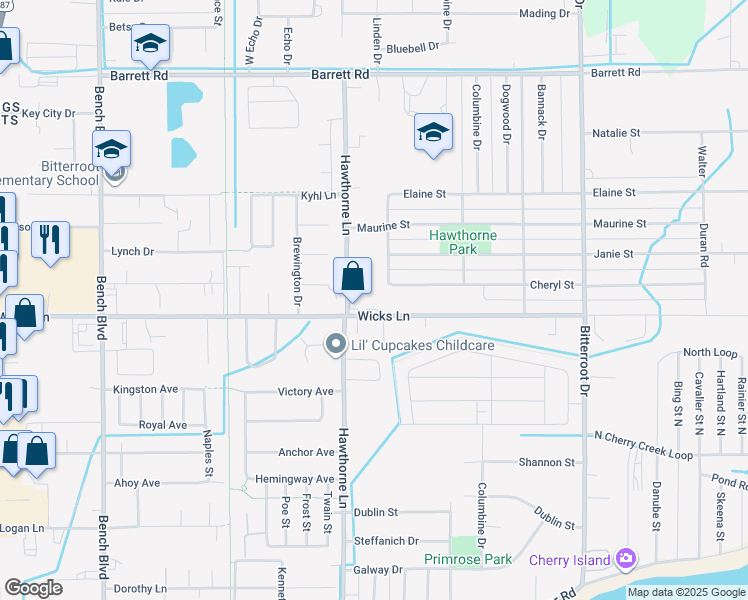 map of restaurants, bars, coffee shops, grocery stores, and more near 1225 Wicks Lane in Billings