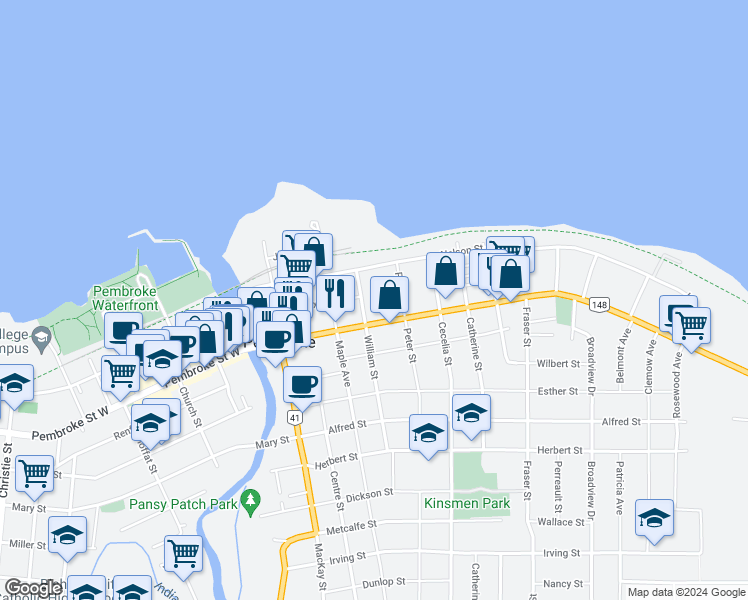 map of restaurants, bars, coffee shops, grocery stores, and more near in Pembroke