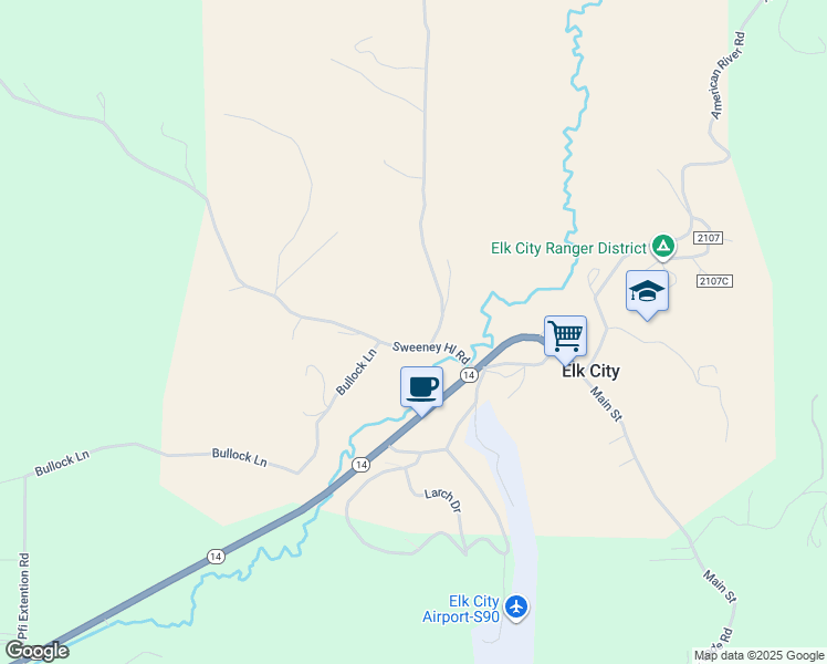 map of restaurants, bars, coffee shops, grocery stores, and more near 105 Elk Creek Road in Elk City