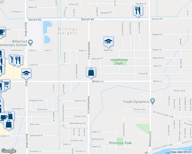 map of restaurants, bars, coffee shops, grocery stores, and more near 1225 Wicks Lane in Billings