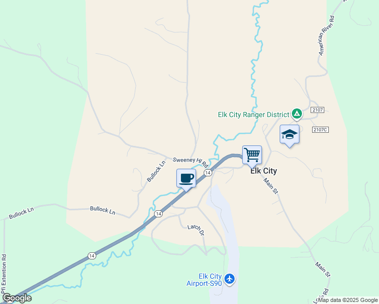 map of restaurants, bars, coffee shops, grocery stores, and more near 105 Elk Creek Road in Elk City