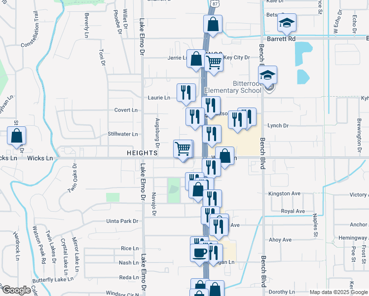 map of restaurants, bars, coffee shops, grocery stores, and more near 1613 Kelby Drive in Billings