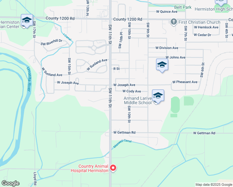 map of restaurants, bars, coffee shops, grocery stores, and more near 1035 West Cody Avenue in Hermiston