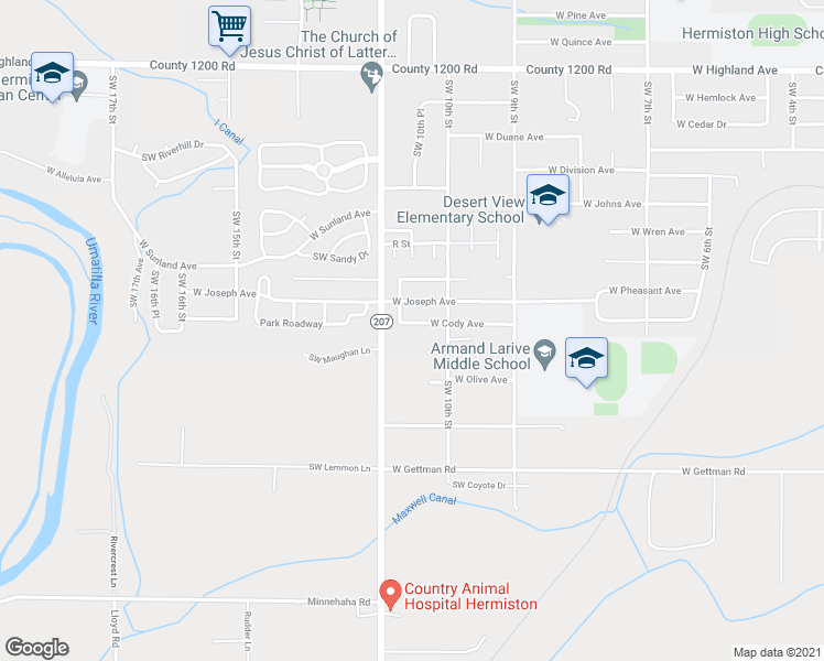 map of restaurants, bars, coffee shops, grocery stores, and more near 1035 West Cody Avenue in Hermiston