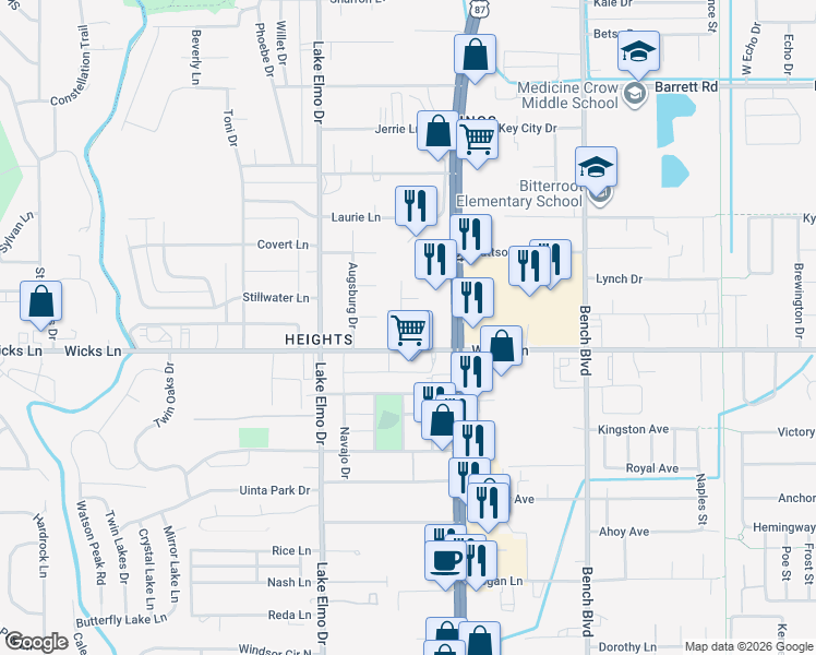 map of restaurants, bars, coffee shops, grocery stores, and more near 1613 Kelby Drive in Billings