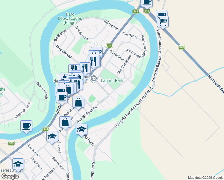 map of restaurants, bars, coffee shops, grocery stores, and more near 130 Avenue du Parc in L'Assomption