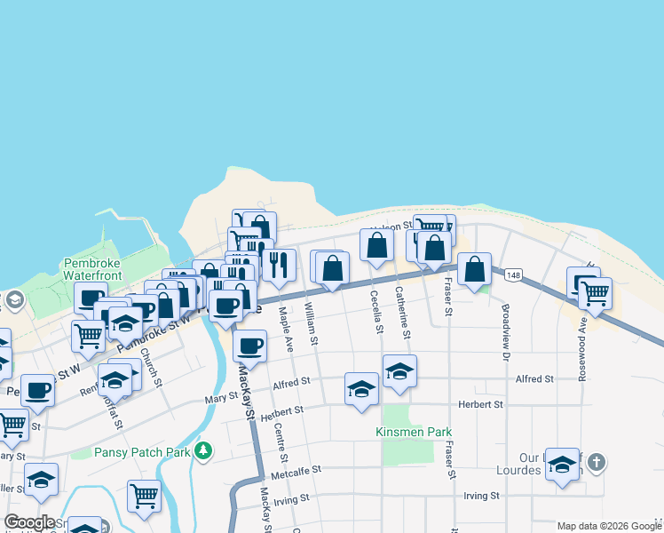 map of restaurants, bars, coffee shops, grocery stores, and more near 150 Peter Street in Pembroke
