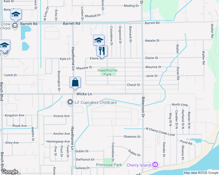 map of restaurants, bars, coffee shops, grocery stores, and more near 1404 Cheryl Street in Billings