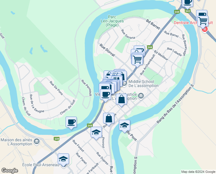map of restaurants, bars, coffee shops, grocery stores, and more near 313 Saint Ignace Street in L'Assomption
