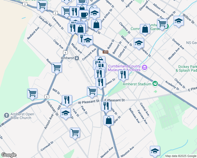 map of restaurants, bars, coffee shops, grocery stores, and more near 14 Spring Street in Amherst