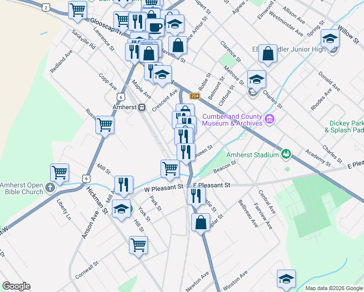 map of restaurants, bars, coffee shops, grocery stores, and more near 14 Spring Street in Amherst
