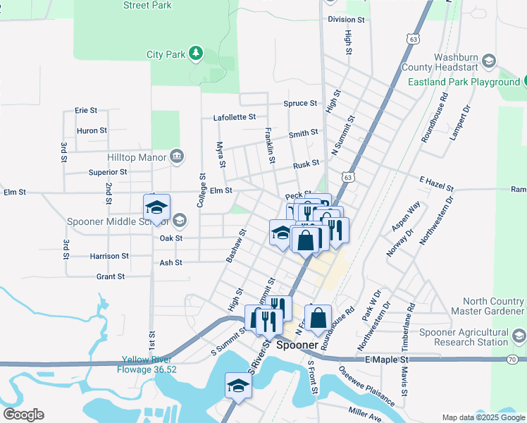 map of restaurants, bars, coffee shops, grocery stores, and more near 414 Walnut Street in Spooner