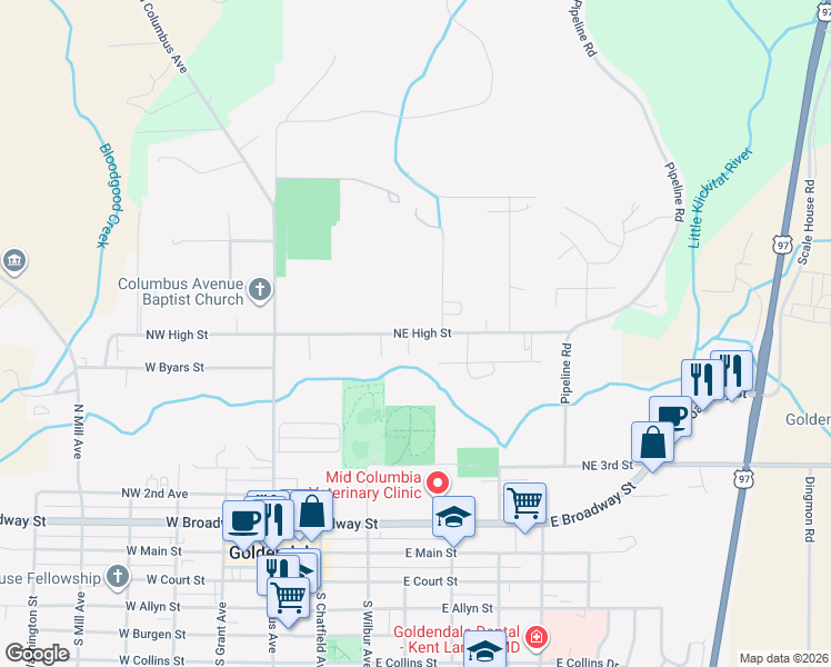 map of restaurants, bars, coffee shops, grocery stores, and more near Northeast High Street in Goldendale