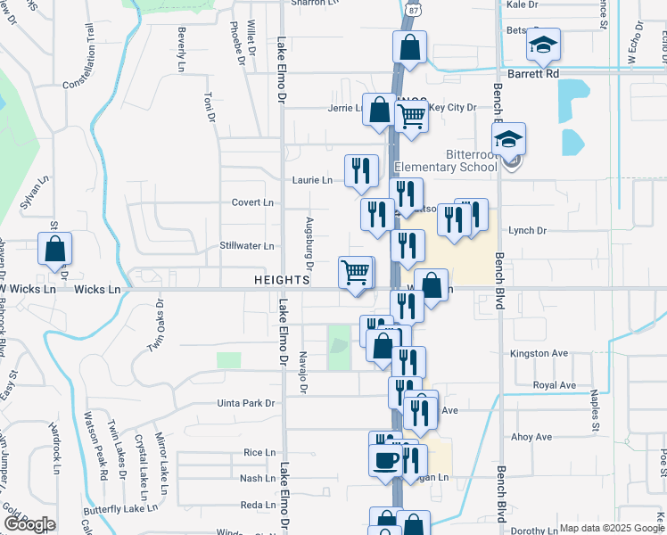 map of restaurants, bars, coffee shops, grocery stores, and more near 1625 Augsburg Drive A in Billings