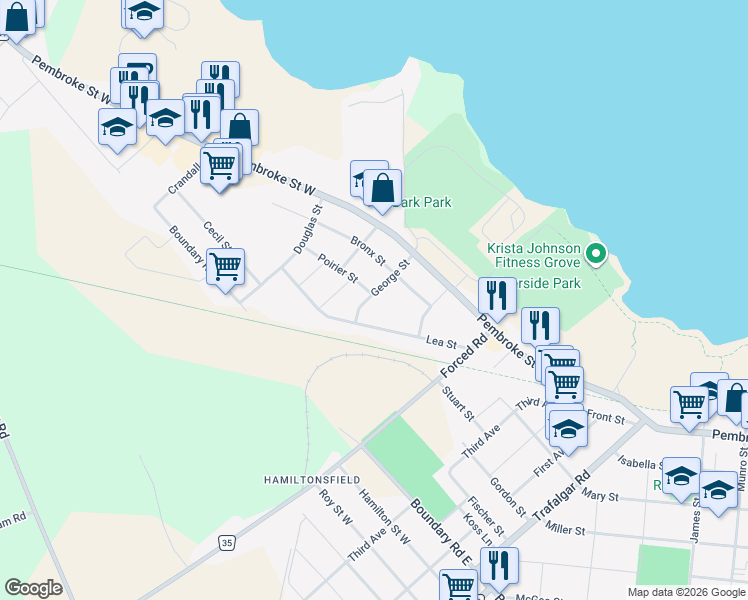 map of restaurants, bars, coffee shops, grocery stores, and more near 265 George Street in Pembroke