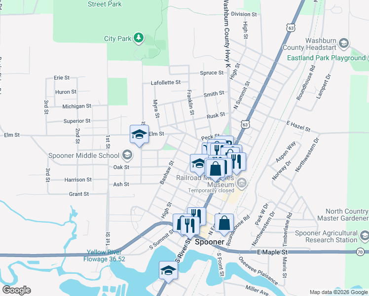 map of restaurants, bars, coffee shops, grocery stores, and more near 418 Walnut Street in Spooner
