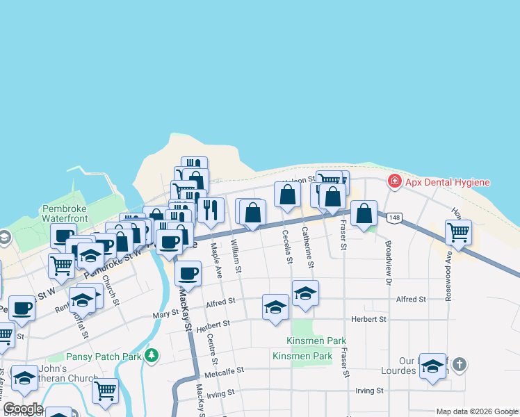 map of restaurants, bars, coffee shops, grocery stores, and more near 163 Peter Street in Pembroke