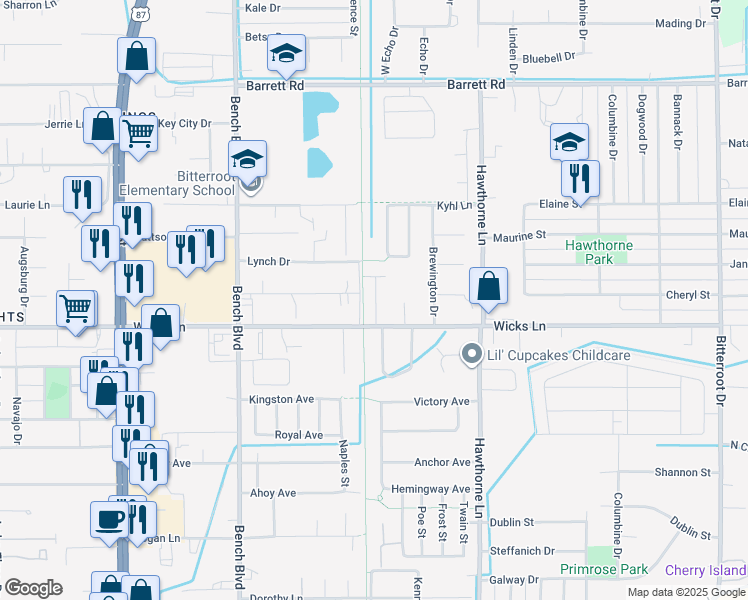 map of restaurants, bars, coffee shops, grocery stores, and more near Kiwanis Trail in Billings