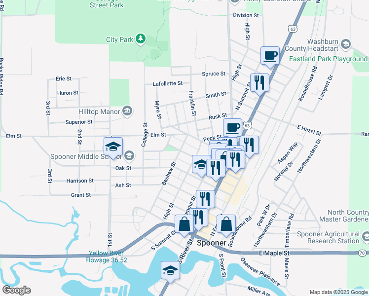 map of restaurants, bars, coffee shops, grocery stores, and more near 414 Walnut Street in Spooner