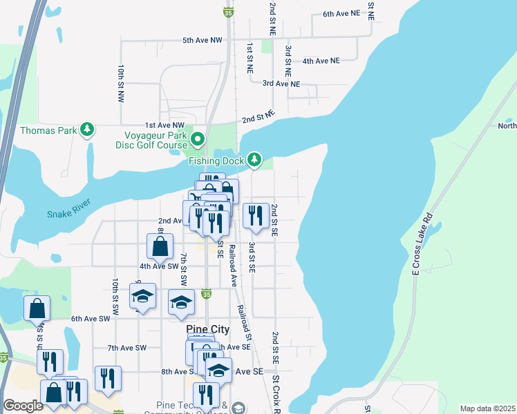 map of restaurants, bars, coffee shops, grocery stores, and more near 215 2nd Avenue Southeast in Pine City