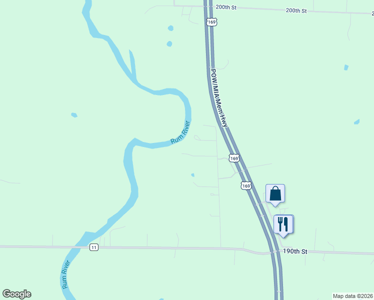 map of restaurants, bars, coffee shops, grocery stores, and more near 19367 120th Avenue in Milaca