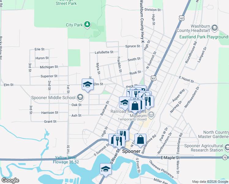 map of restaurants, bars, coffee shops, grocery stores, and more near 418 Walnut Street in Spooner