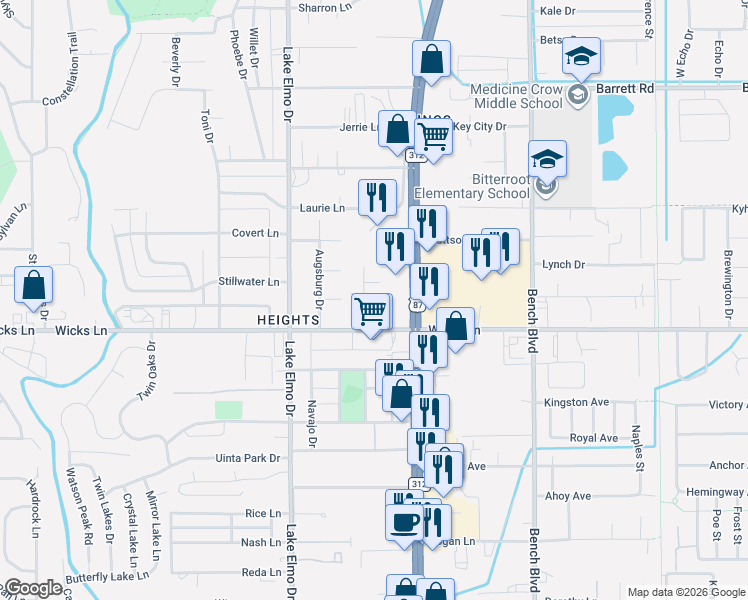 map of restaurants, bars, coffee shops, grocery stores, and more near 1613 Kelby Drive in Billings