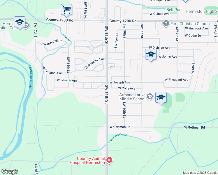 map of restaurants, bars, coffee shops, grocery stores, and more near 1035 West Cody Avenue in Hermiston