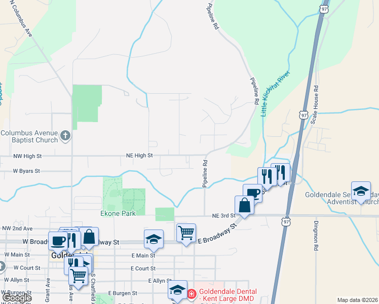 map of restaurants, bars, coffee shops, grocery stores, and more near Northeast High Street in Goldendale
