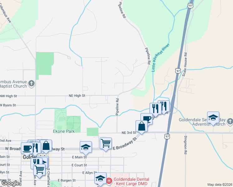map of restaurants, bars, coffee shops, grocery stores, and more near 717 Northeast High Street in Goldendale