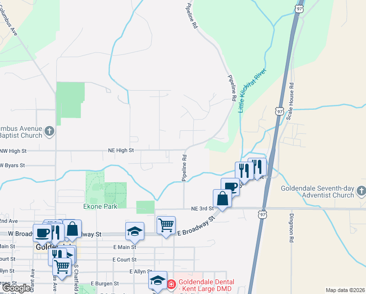 map of restaurants, bars, coffee shops, grocery stores, and more near 717 Northeast High Street in Goldendale
