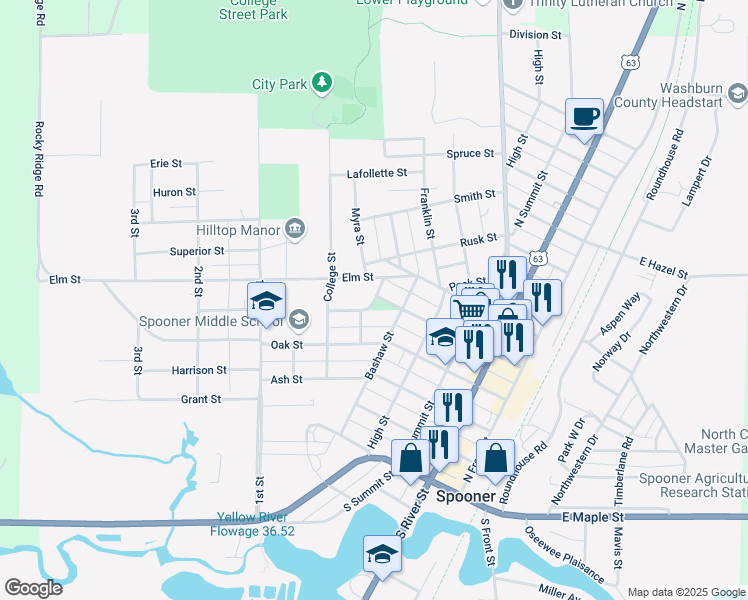 map of restaurants, bars, coffee shops, grocery stores, and more near 513 Dale Street in Spooner