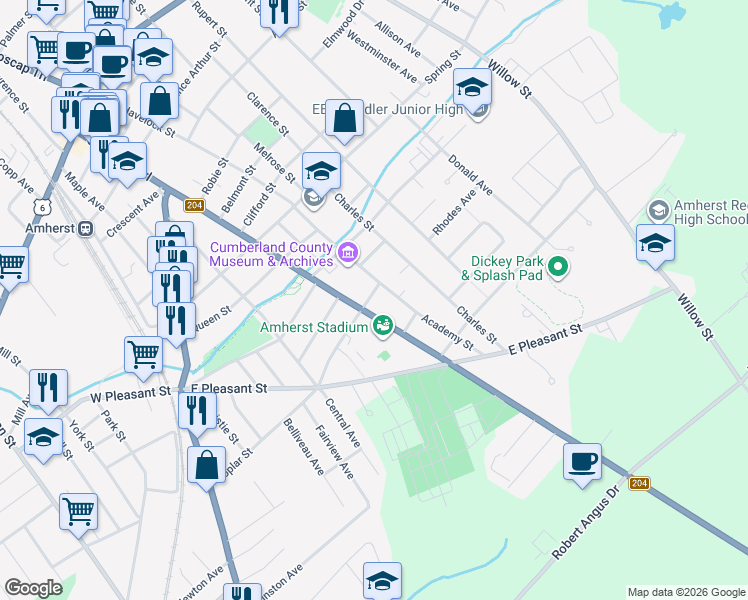map of restaurants, bars, coffee shops, grocery stores, and more near 29 Wellington Street in Amherst