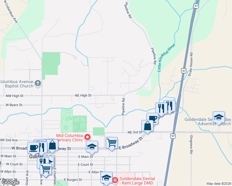 map of restaurants, bars, coffee shops, grocery stores, and more near 623 Northeast High Street in Goldendale