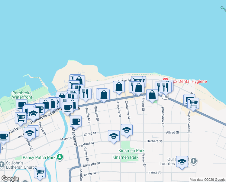 map of restaurants, bars, coffee shops, grocery stores, and more near 160 Cecelia Street in Pembroke