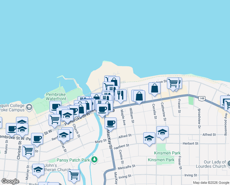 map of restaurants, bars, coffee shops, grocery stores, and more near 159 John Street in Pembroke