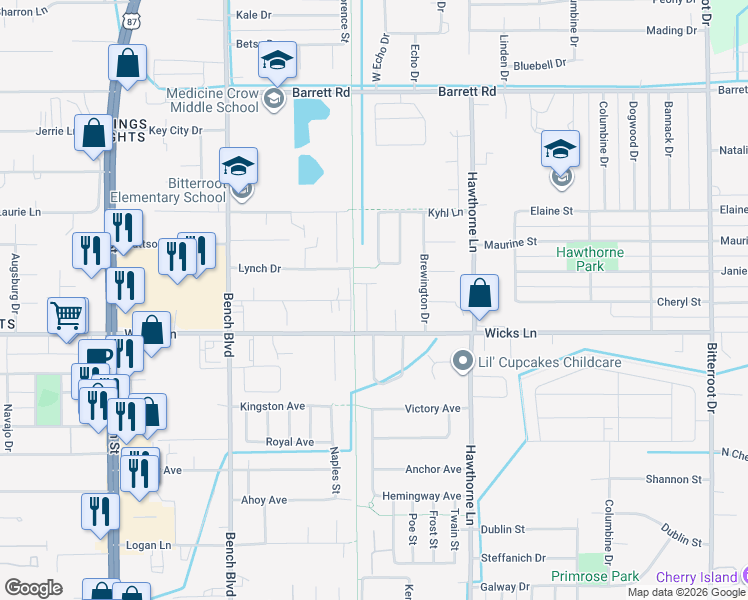 map of restaurants, bars, coffee shops, grocery stores, and more near 1023 Wicks Ln in Billings